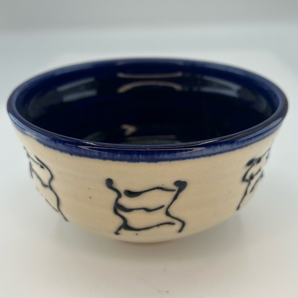 Studio Pottery Mahjong Dice Dish Trinket Bowl Artist Signed Blue Cream Abstract